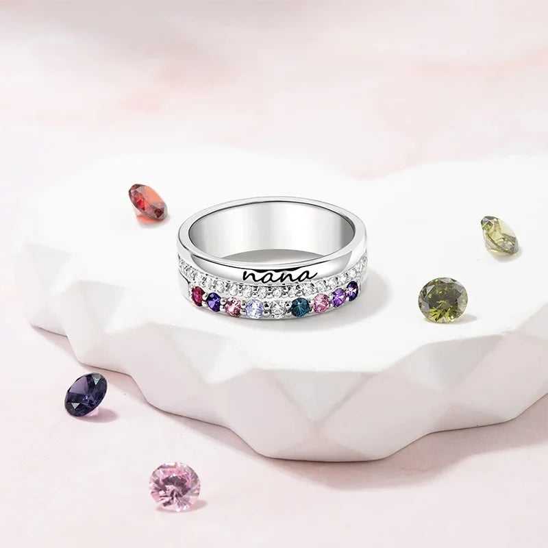 Personalized Family Birthstone Ring with Engraving – Custom Zircon Jewelry Gift for Mom & Grandma