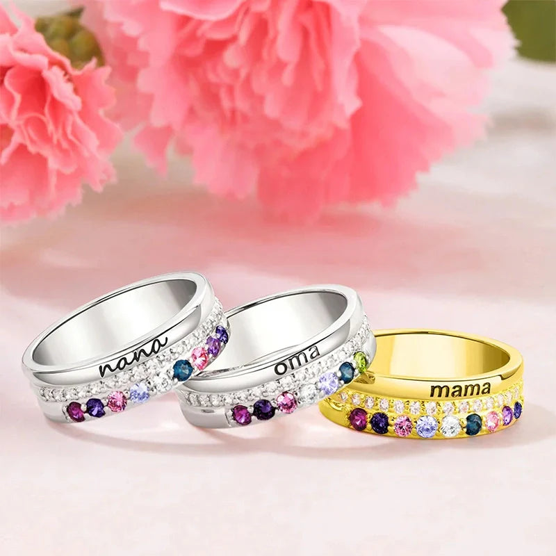 Personalized Family Birthstone Ring with Engraving – Custom Zircon Jewelry Gift for Mom & Grandma