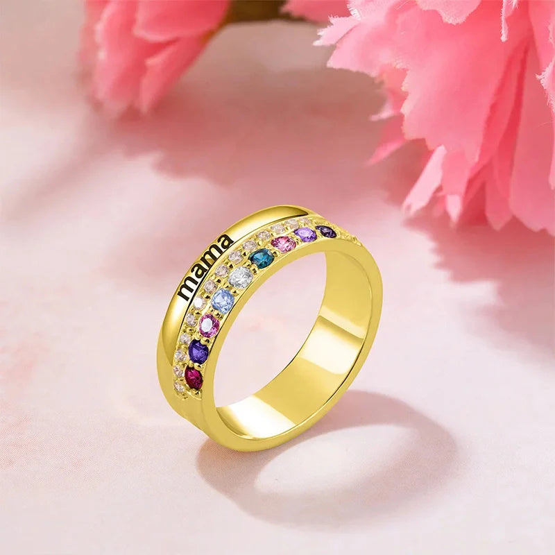 Personalized Family Birthstone Ring with Engraving – Custom Zircon Jewelry Gift for Mom & Grandma