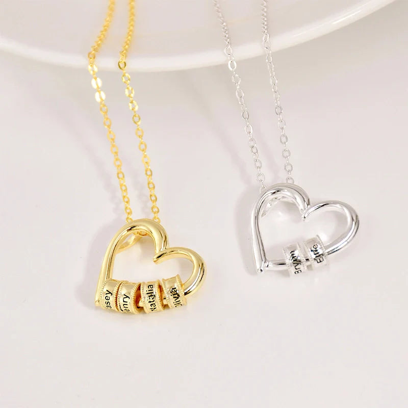 Personalized Family Heart Necklace – Custom Name Beads Pendant for Mom