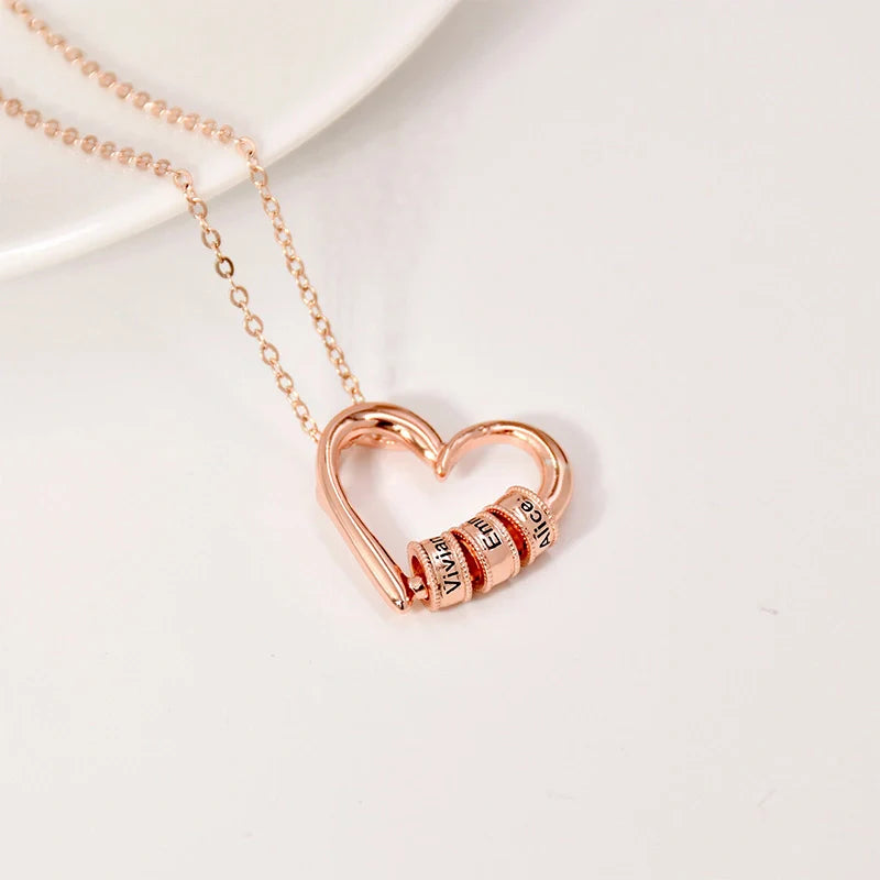 Personalized Family Heart Necklace – Custom Name Beads Pendant for Mom