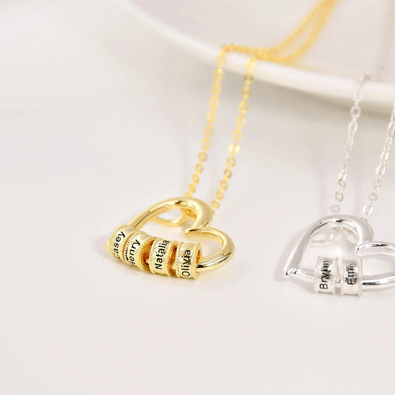 Personalized Family Heart Necklace – Custom Name Beads Pendant for Mom