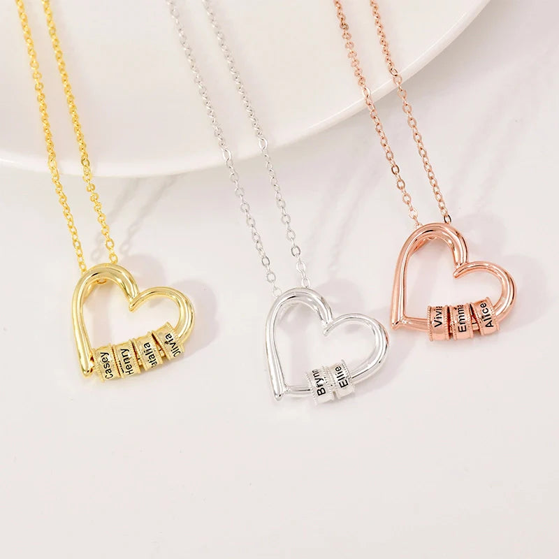 Personalized Family Heart Necklace – Custom Name Beads Pendant for Mom