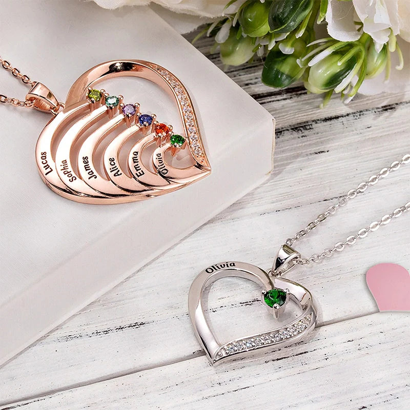 Personalized Family Heart Necklace with Names & Birthstones (Up to 6 Stones) – Custom Mother’s Day Gift for Mom