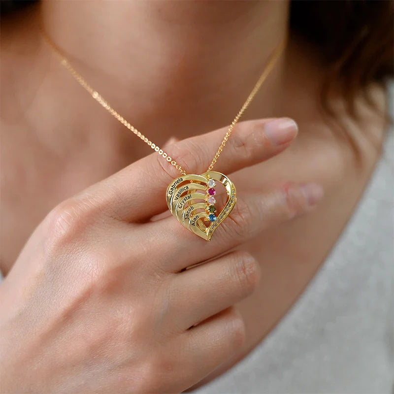 Personalized Family Heart Necklace with Names & Birthstones (Up to 6 Stones) – Custom Mother’s Day Gift for Mom