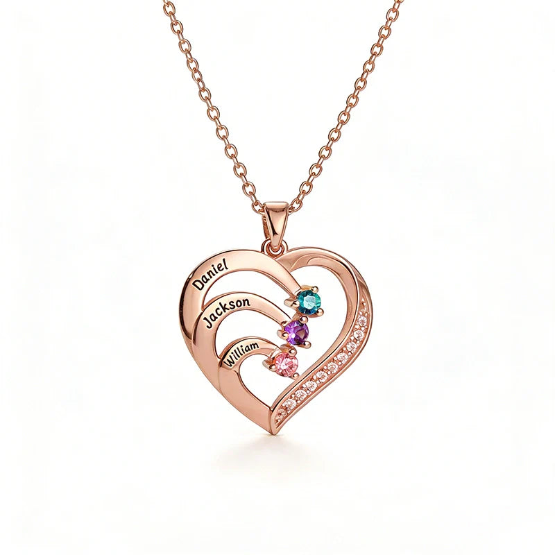 Personalized Family Heart Necklace with Names & Birthstones (Up to 6 Stones) – Custom Mother’s Day Gift for Mom