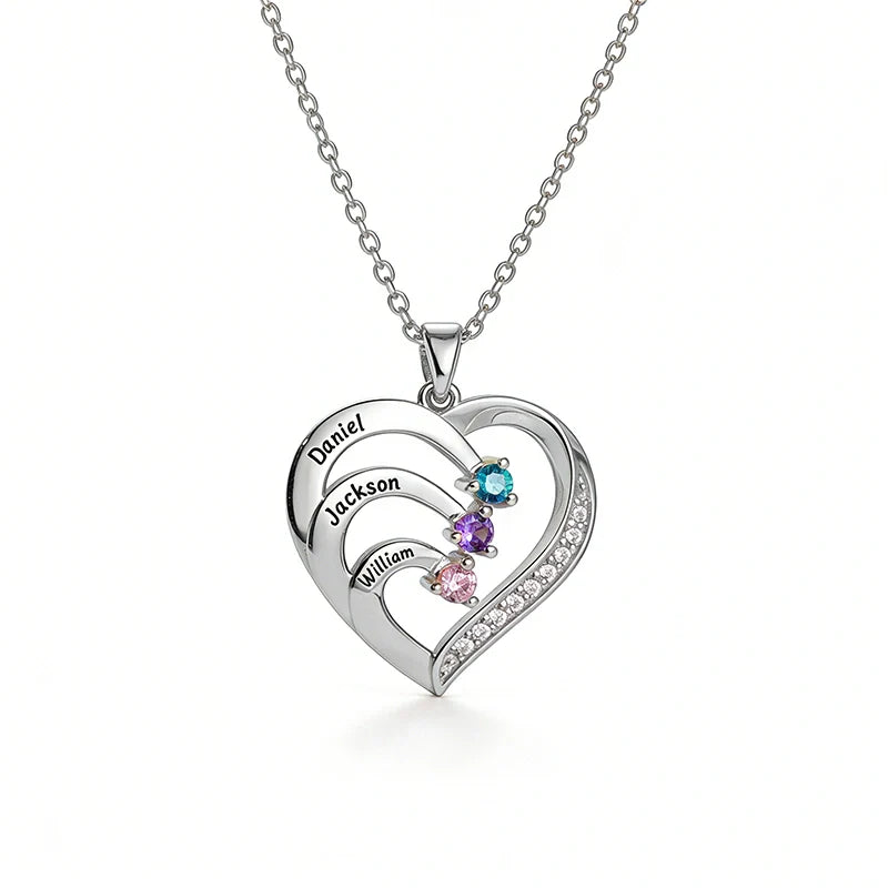 Personalized Family Heart Necklace with Names & Birthstones (Up to 6 Stones) – Custom Mother’s Day Gift for Mom