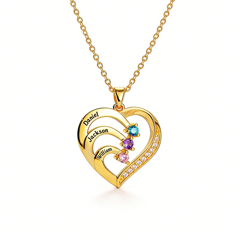 Personalized Family Heart Necklace with Names & Birthstones (Up to 6 Stones) – Custom Mother’s Day Gift for Mom