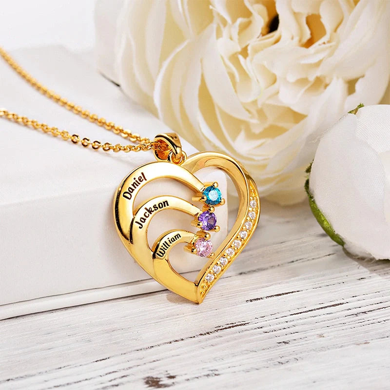 Personalized Family Heart Necklace with Names & Birthstones (Up to 6 Stones) – Custom Mother’s Day Gift for Mom