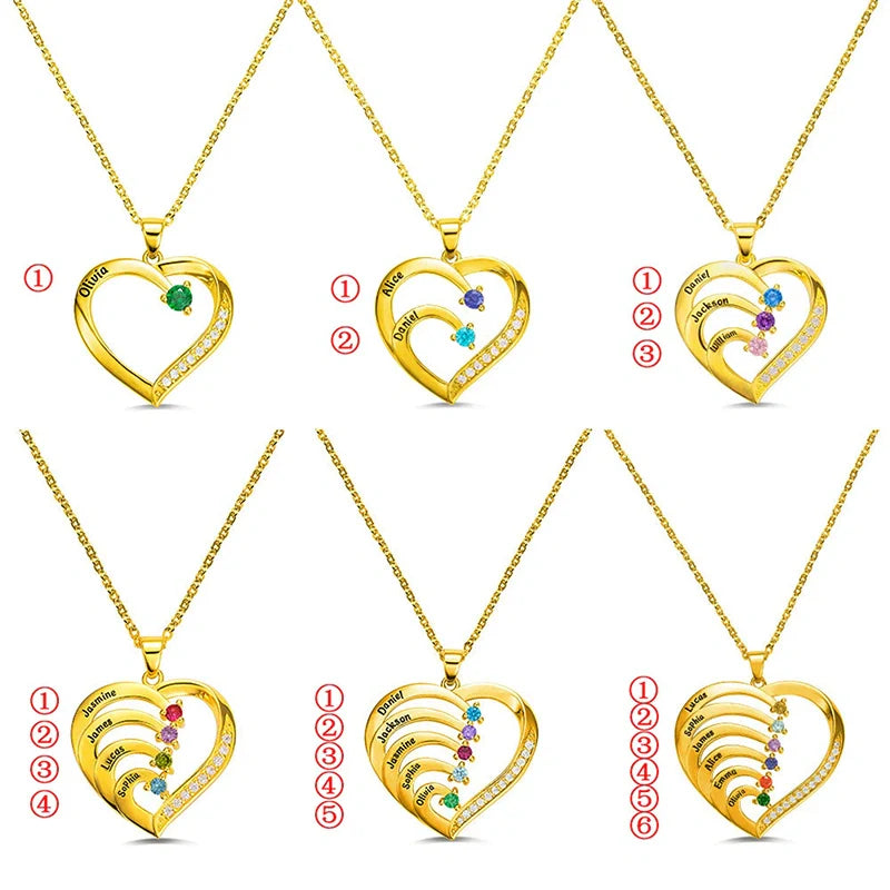 Personalized Family Heart Necklace with Names & Birthstones (Up to 6 Stones) – Custom Mother’s Day Gift for Mom