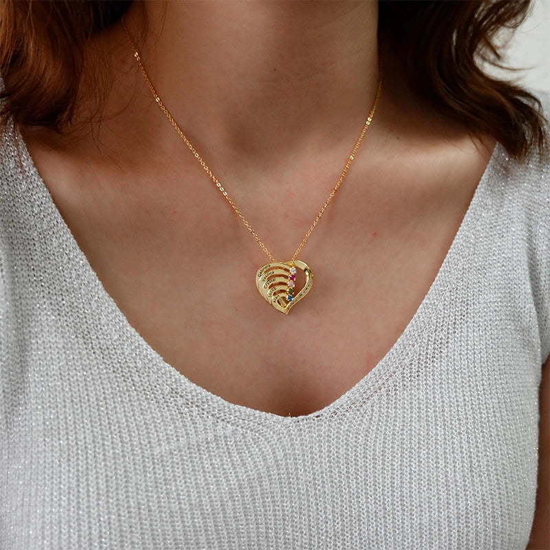 Personalized Family Heart Necklace with Names & Birthstones (Up to 6 Stones) – Custom Mother’s Day Gift for Mom
