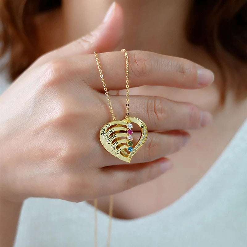 Personalized Family Heart Necklace with Names & Birthstones (Up to 6 Stones) – Custom Mother’s Day Gift for Mom