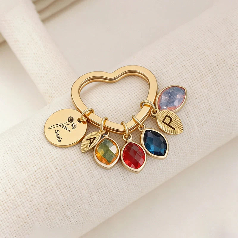 Personalized Family Keychain with Birthstones – Custom Leaf Initial Keyring for Mom, Mother’s Day Gift for Grandma