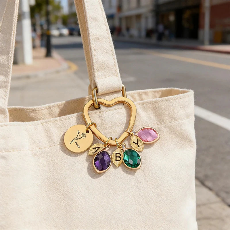 Personalized Family Keychain with Birthstones – Custom Leaf Initial Keyring for Mom, Mother’s Day Gift for Grandma