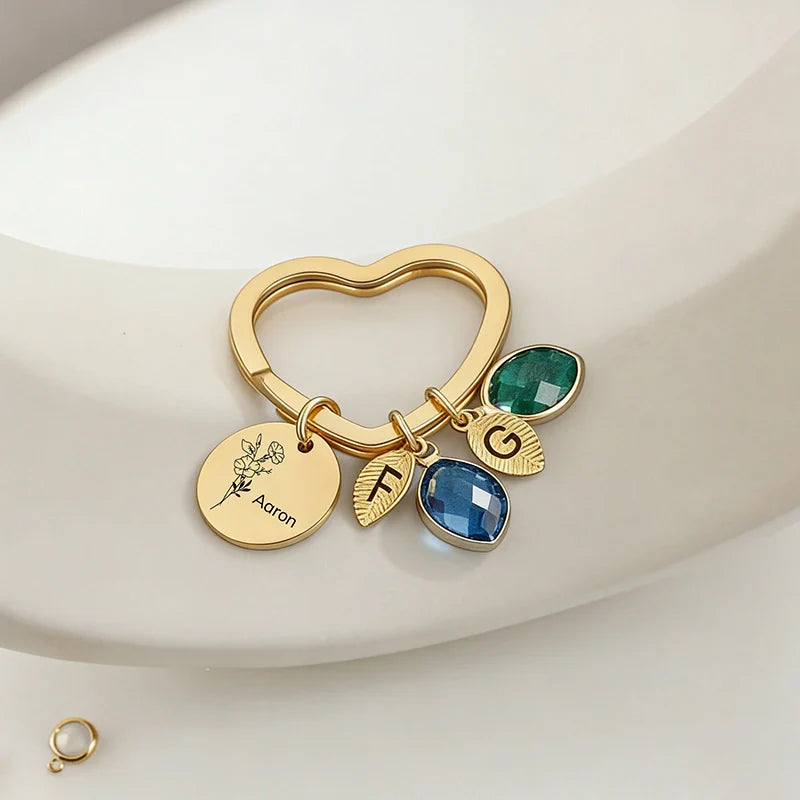 Personalized Family Keychain with Birthstones – Custom Leaf Initial Keyring for Mom, Mother’s Day Gift for Grandma