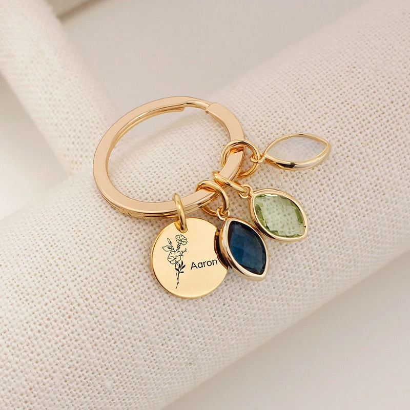 Personalized Family Keychain with Birthstones – Custom Leaf Initial Keyring for Mom, Mother’s Day Gift for Grandma