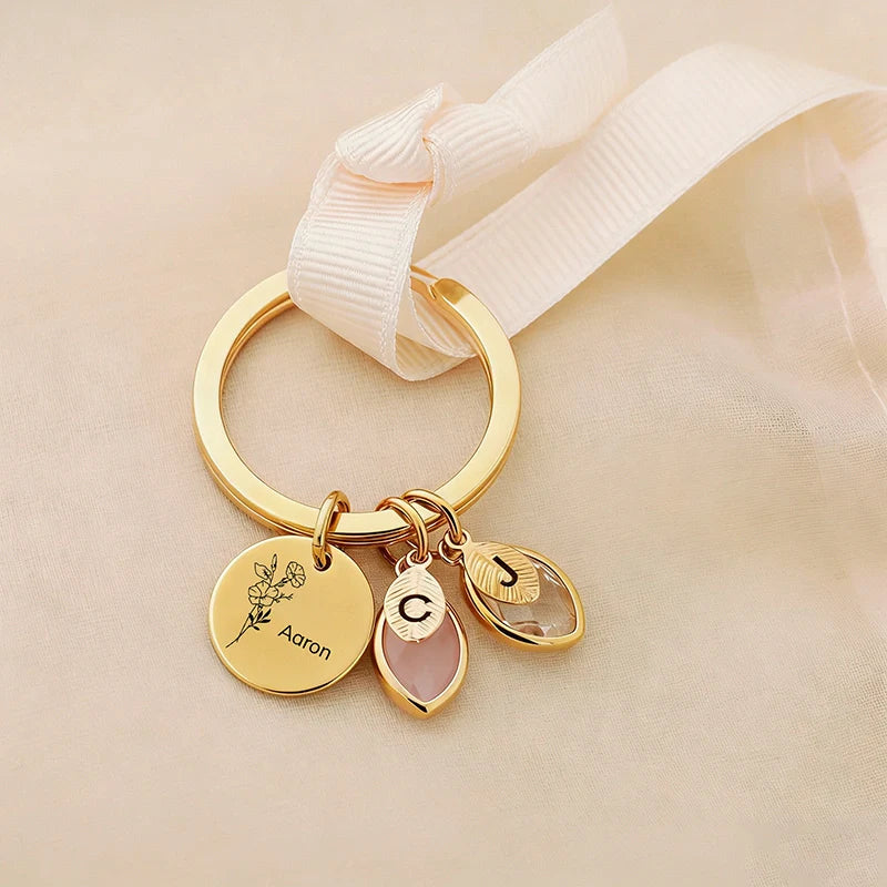 Personalized Family Keychain with Birthstones – Custom Leaf Initial Keyring for Mom, Mother’s Day Gift for Grandma