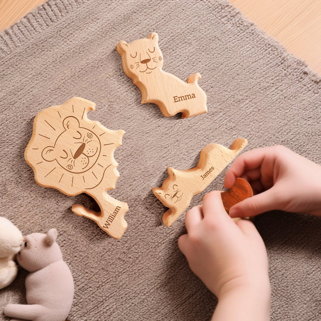Personalized Family Lions Puzzle – Custom Wooden Name Puzzle for Families