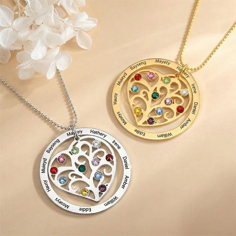 Personalized Family Tree Birthstone Necklace – Custom Names Jewelry for Mom, Mother’s Day Gift, Grandma Birthstone Necklace