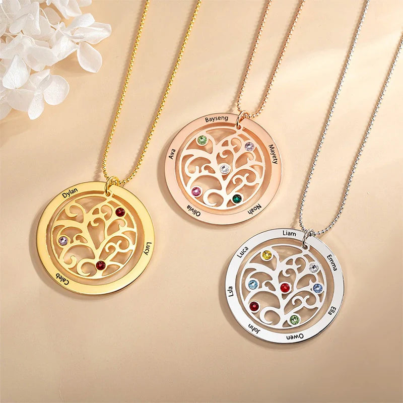 Personalized Family Tree Birthstone Necklace – Custom Names Jewelry for Mom, Mother’s Day Gift, Grandma Birthstone Necklace
