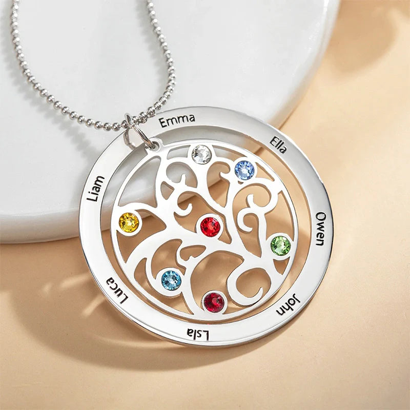 Personalized Family Tree Birthstone Necklace – Custom Names Jewelry for Mom, Mother’s Day Gift, Grandma Birthstone Necklace
