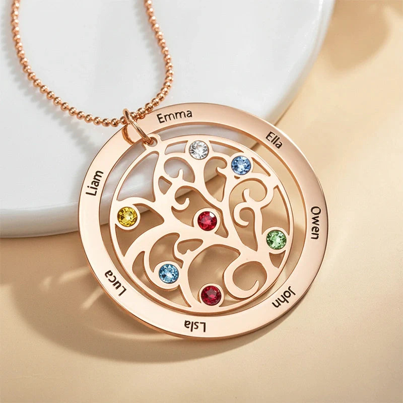 Personalized Family Tree Birthstone Necklace – Custom Names Jewelry for Mom, Mother’s Day Gift, Grandma Birthstone Necklace