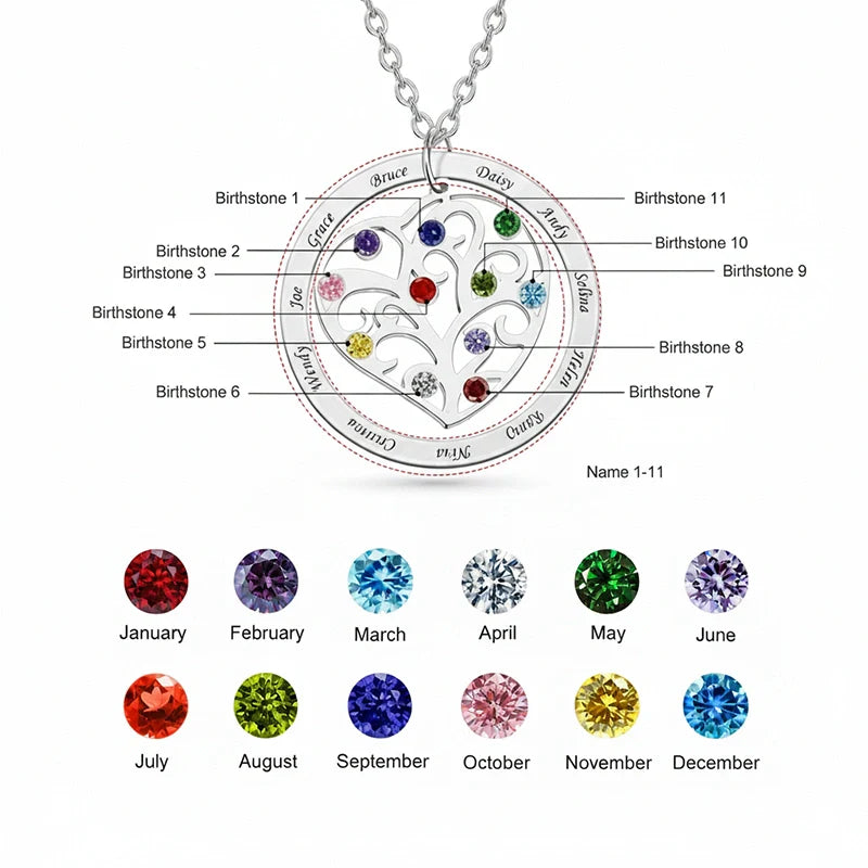 Personalized Family Tree Birthstone Necklace – Custom Names Jewelry for Mom, Mother’s Day Gift, Grandma Birthstone Necklace