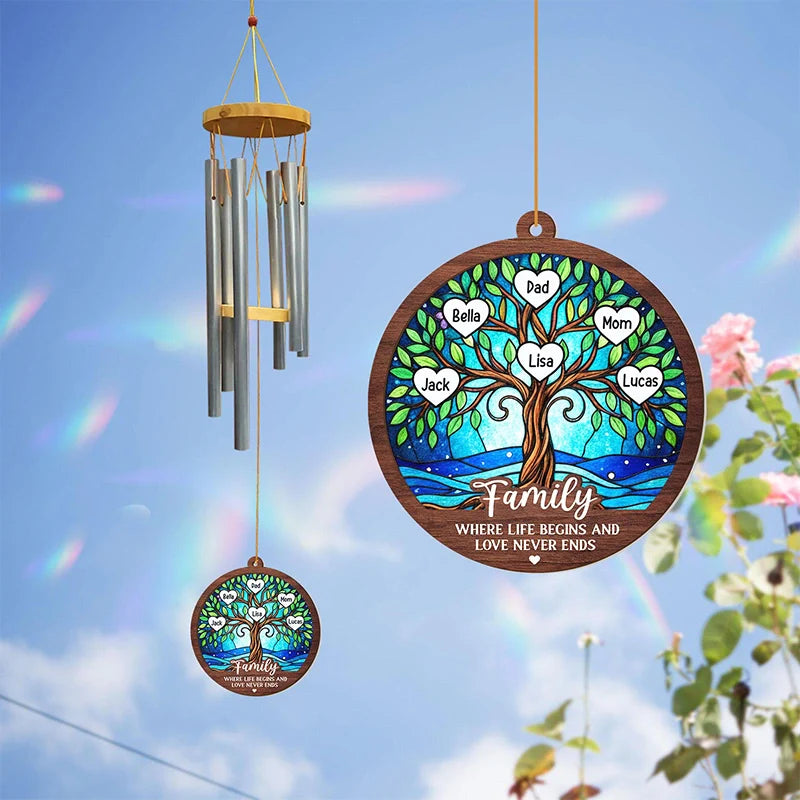Personalized Family Tree Wind Chimes with Suncatcher – Custom Family Gift from Grandkids