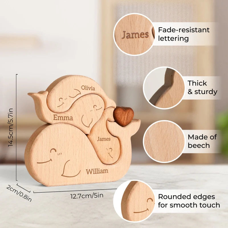 Personalized Family Whales Puzzle – Custom Wooden Name Puzzle for Families
