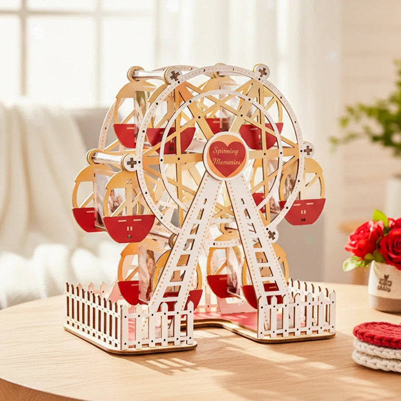 Personalized Ferris Wheel Photo Frame – Romantic Red & Gold Rotating Picture Frame, Anniversary & Valentine’s Gift for Couples