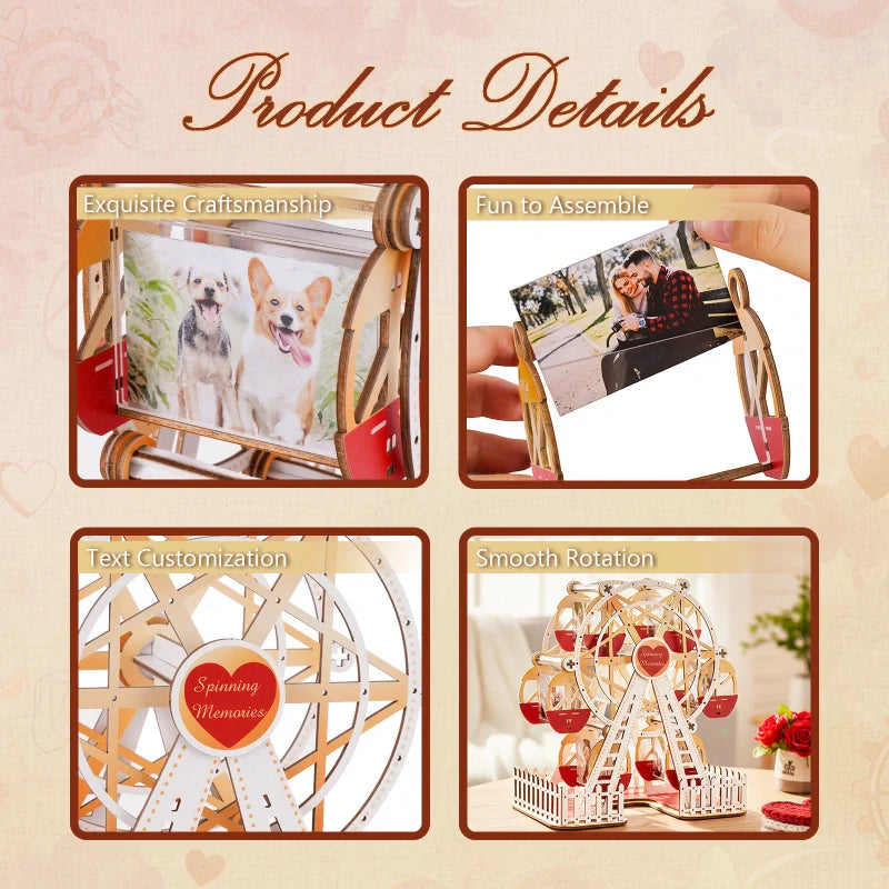 Personalized Ferris Wheel Photo Frame – Romantic Red & Gold Rotating Picture Frame, Anniversary & Valentine’s Gift for Couples