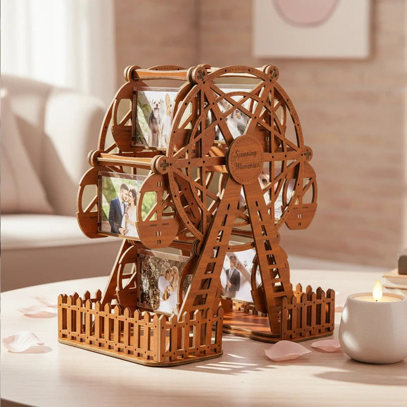 Personalized Ferris Wheel Photo Frame – Rotating Custom Picture Frame in Basswood, Wedding & Anniversary Gift for Couples