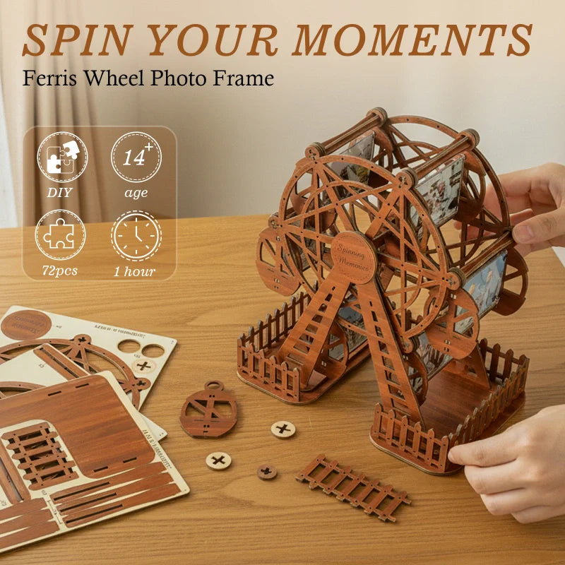 Personalized Ferris Wheel Photo Frame – Rotating Custom Picture Frame in Basswood, Wedding & Anniversary Gift for Couples