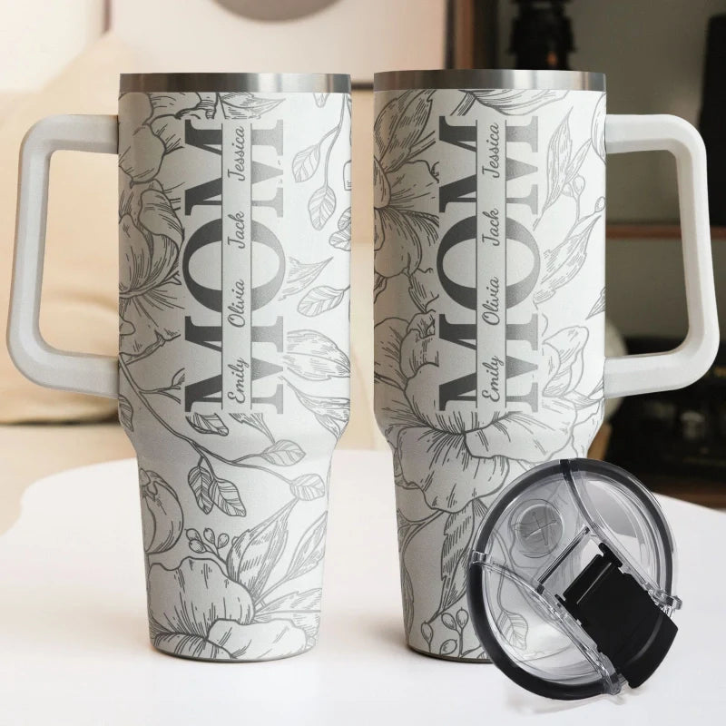 Personalized Floral Mom Tumbler 40oz – Custom Kids Names Stainless Steel Cup | Mother’s Day Gift for Mom