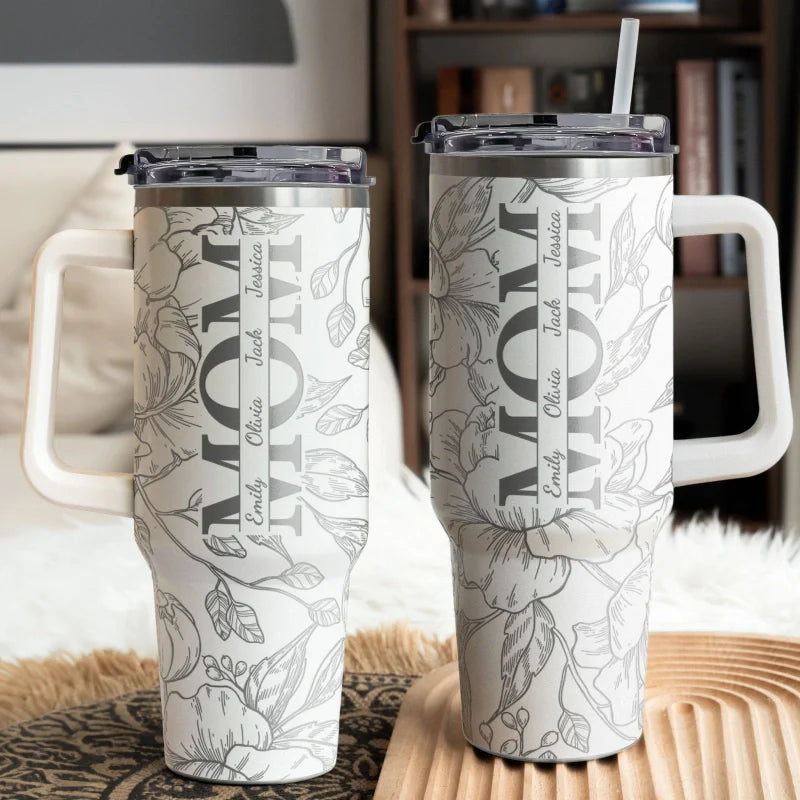 Personalized Floral Mom Tumbler 40oz – Custom Kids Names Stainless Steel Cup | Mother’s Day Gift for Mom