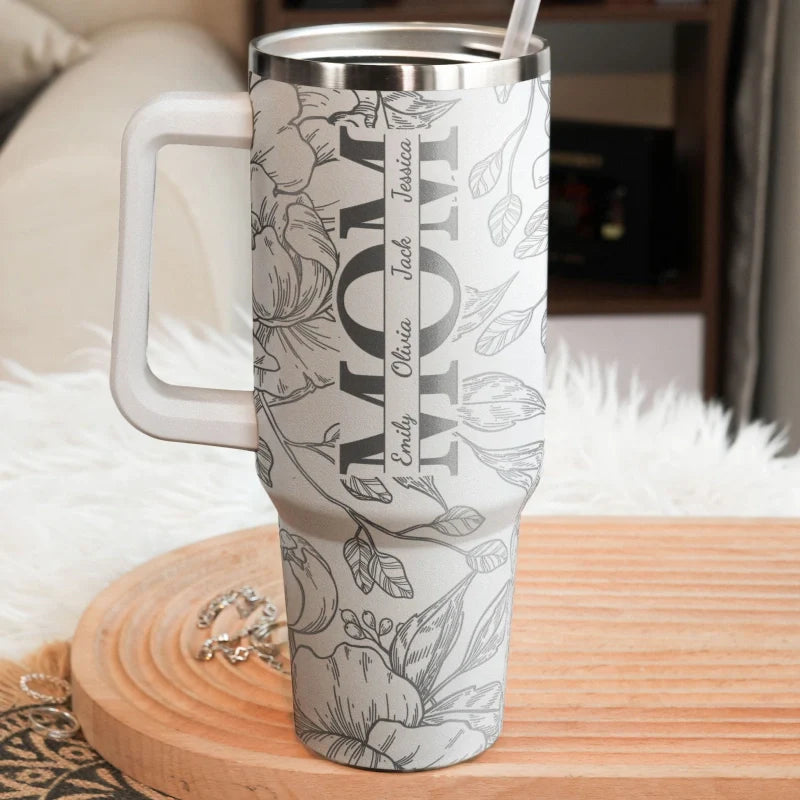 Personalized Floral Mom Tumbler 40oz – Custom Kids Names Stainless Steel Cup | Mother’s Day Gift for Mom