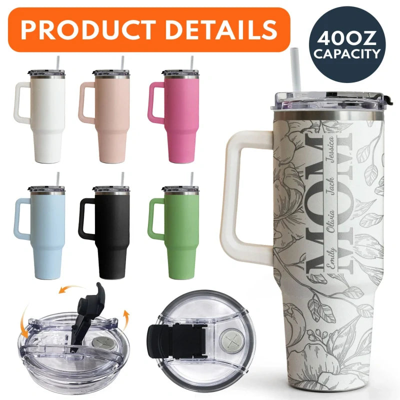 Personalized Floral Mom Tumbler 40oz – Custom Kids Names Stainless Steel Cup | Mother’s Day Gift for Mom