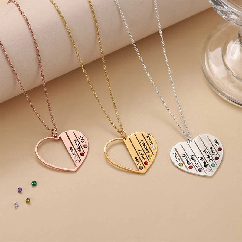 Personalized Grandma Birthstone Necklace – Custom Heart Family Necklace with Grandkids Names