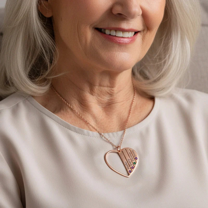 Personalized Grandma Birthstone Necklace – Custom Heart Family Necklace with Grandkids Names