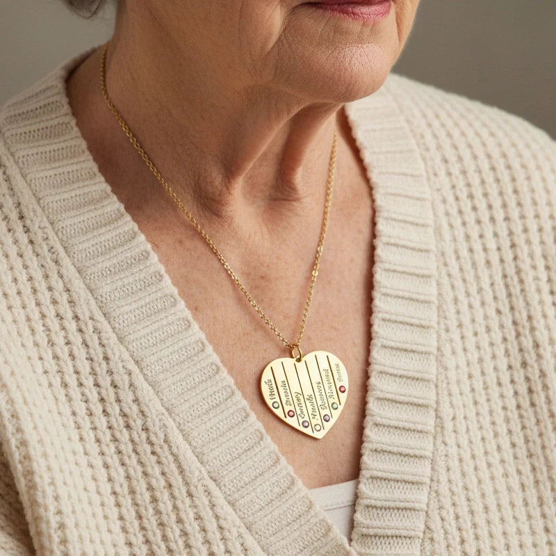 Personalized Grandma Birthstone Necklace – Custom Heart Family Necklace with Grandkids Names