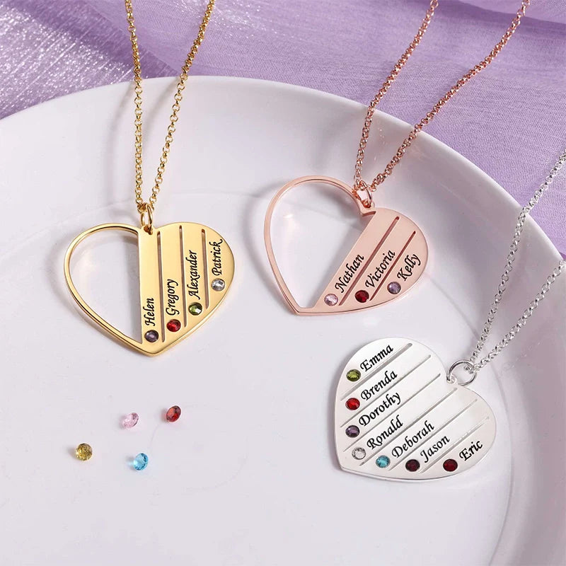 Personalized Grandma Birthstone Necklace – Custom Heart Family Necklace with Grandkids Names