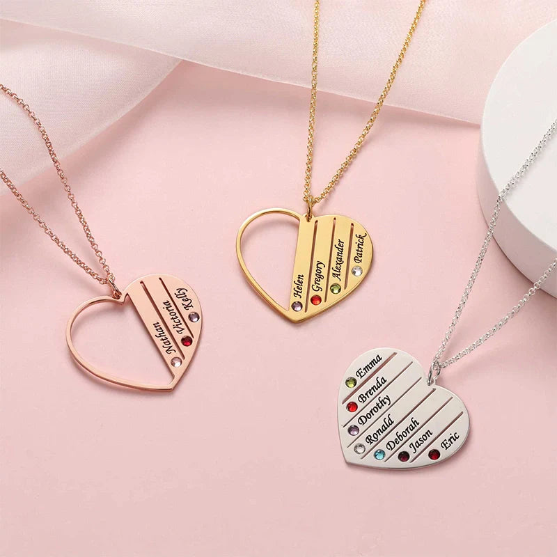Personalized Grandma Birthstone Necklace – Custom Heart Family Necklace with Grandkids Names