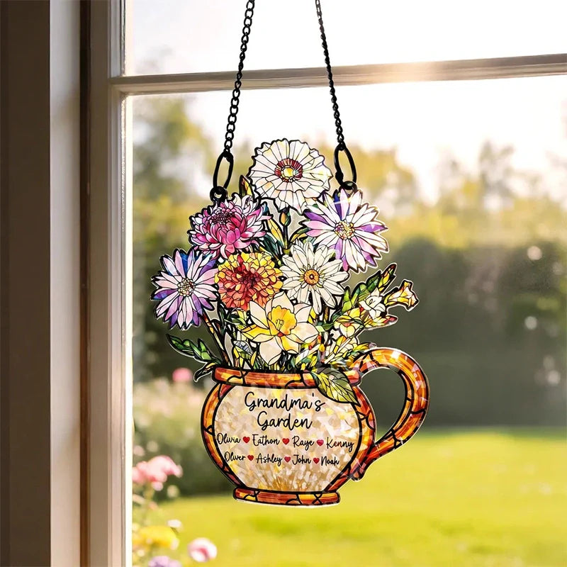Personalized Grandma’s Garden Birth Flower Suncatcher – Custom Names Stained Glass Acrylic Window Decor Gift (1–10 Names)