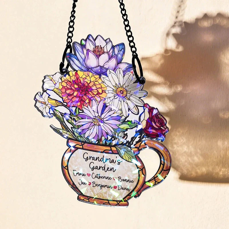 Personalized Grandma’s Garden Birth Flower Suncatcher – Custom Names Stained Glass Acrylic Window Decor Gift (1–10 Names)