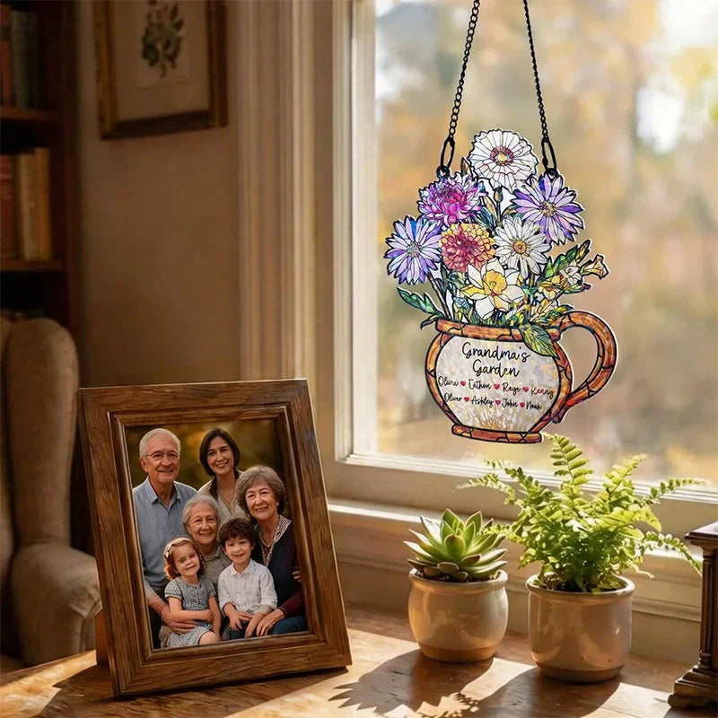 Personalized Grandma’s Garden Birth Flower Suncatcher – Custom Names Stained Glass Acrylic Window Decor Gift (1–10 Names)
