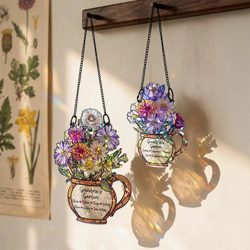Personalized Grandma’s Garden Birth Flower Suncatcher – Custom Names Stained Glass Acrylic Window Decor Gift (1–10 Names)