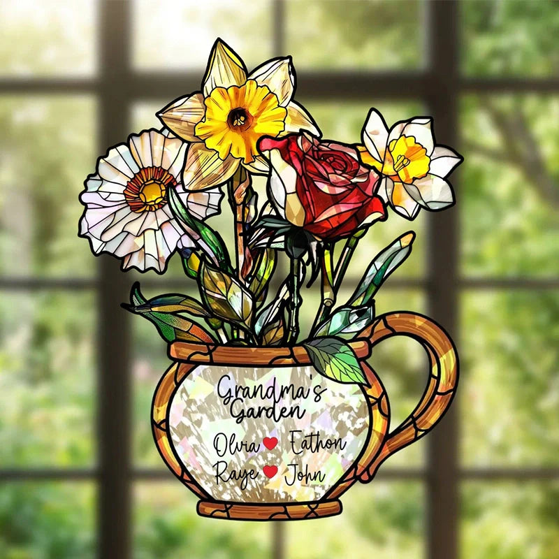 Personalized Grandma’s Garden Birth Flower Suncatcher – Custom Names Stained Glass Acrylic Window Decor Gift (1–10 Names)