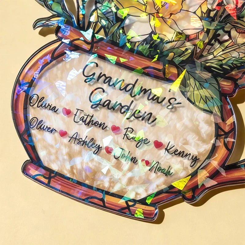 Personalized Grandma’s Garden Birth Flower Suncatcher – Custom Names Stained Glass Acrylic Window Decor Gift (1–10 Names)