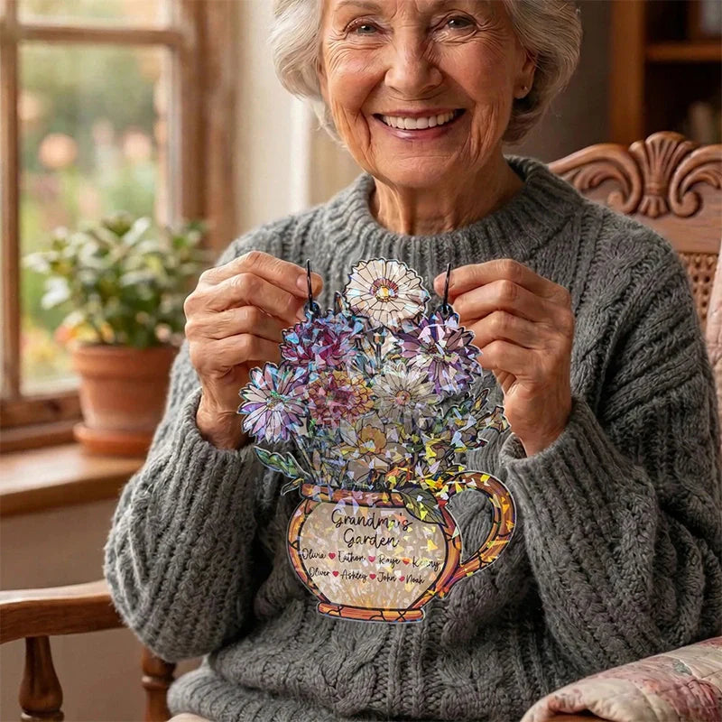 Personalized Grandma’s Garden Birth Flower Suncatcher – Custom Names Stained Glass Acrylic Window Decor Gift (1–10 Names)