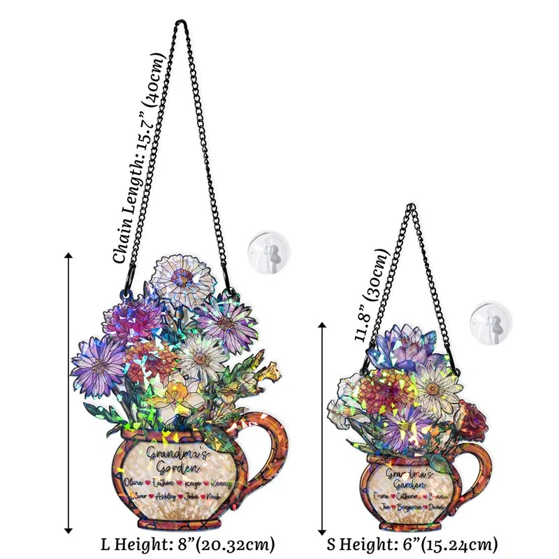 Personalized Grandma’s Garden Birth Flower Suncatcher – Custom Names Stained Glass Acrylic Window Decor Gift (1–10 Names)